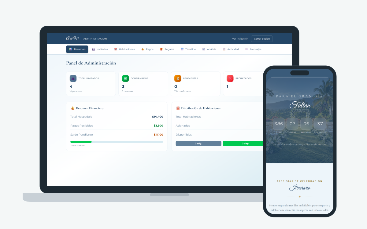 SOMA Events on a laptop and a phone: admin dashboard with guests, financial summary and rooms, and an invitation with a countdown