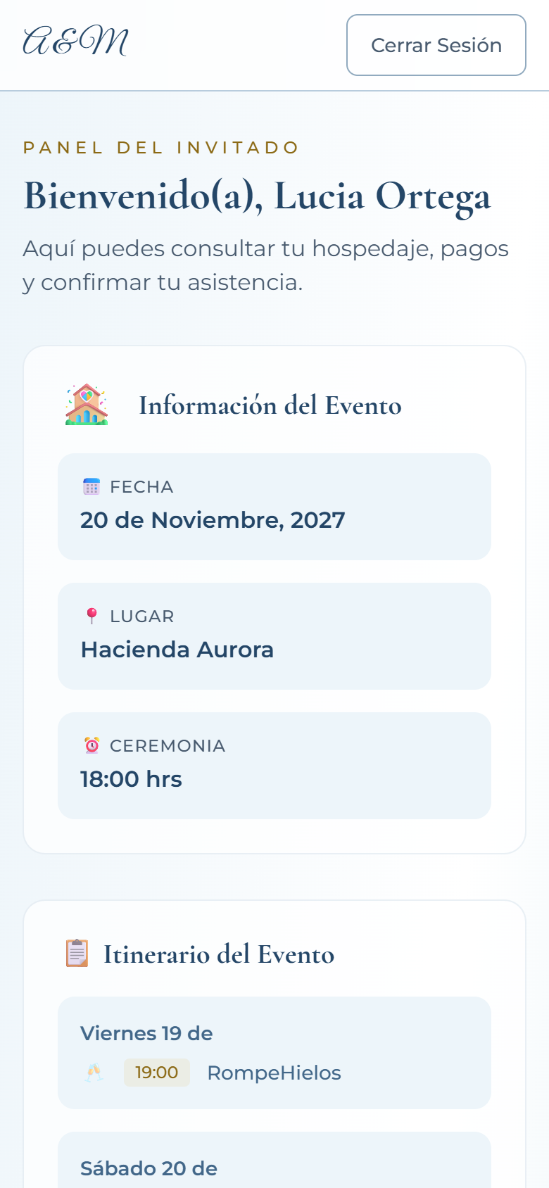 Guest page: event information with date, venue and ceremony time, and itinerary