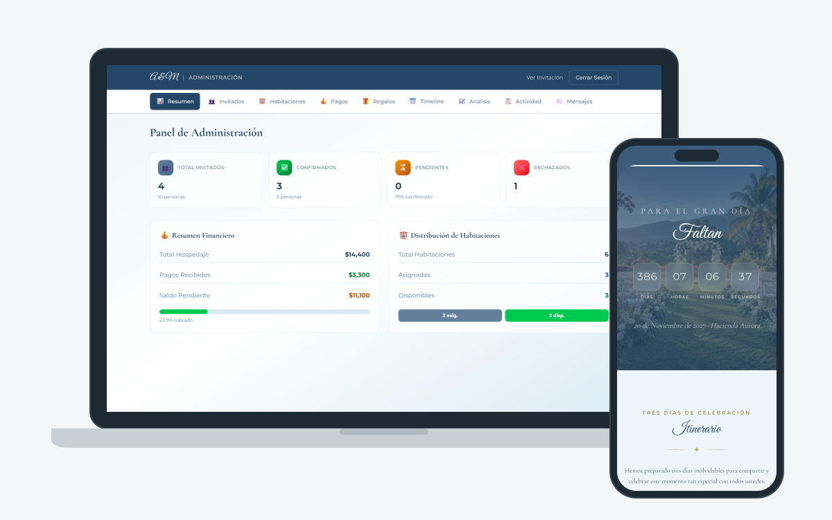 SOMA Events on a laptop and a phone: organizer dashboard with guests, payments and rooms, and an invitation with a countdown
