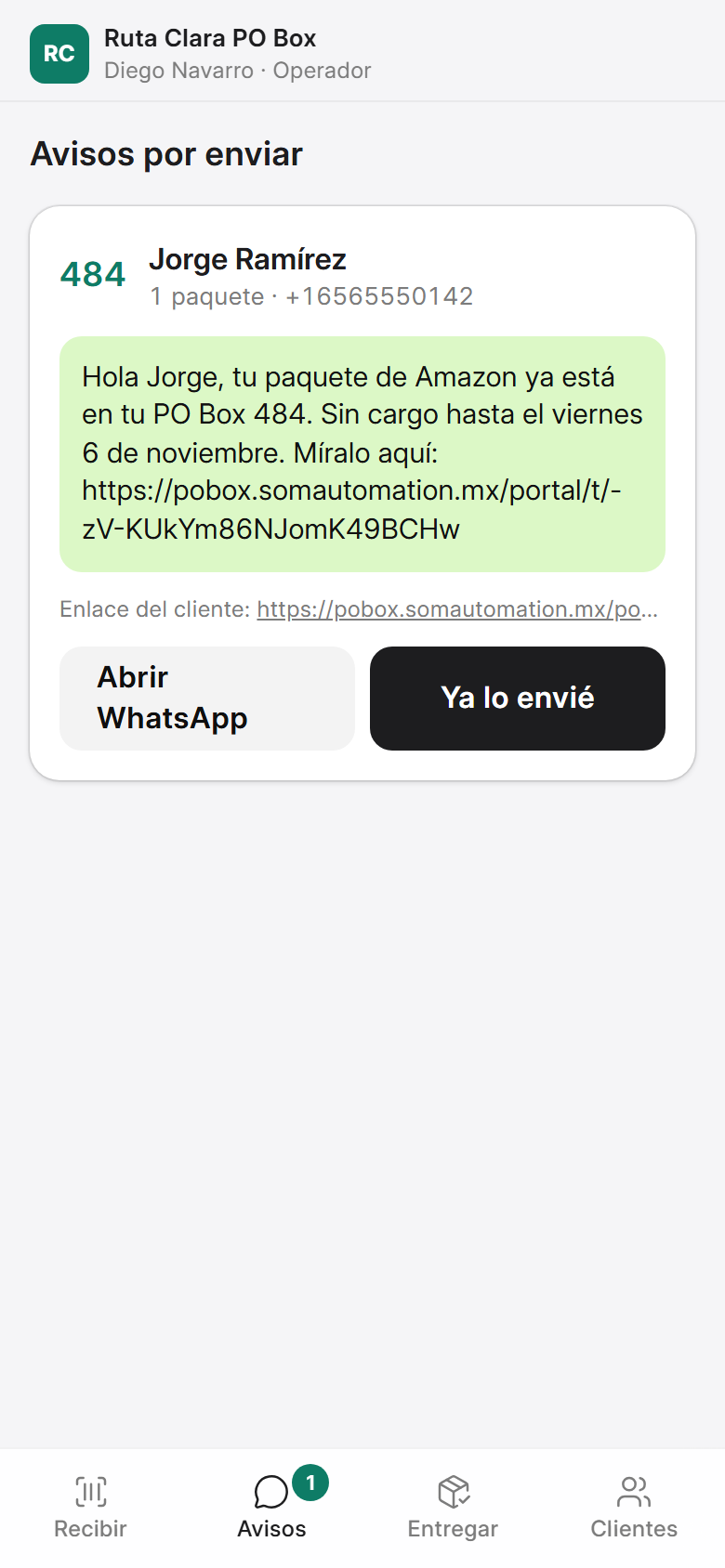 Bandeja de avisos: el mensaje de WhatsApp para el PO Box 484 ya escrito, con los días sin cargo y el enlace del cliente