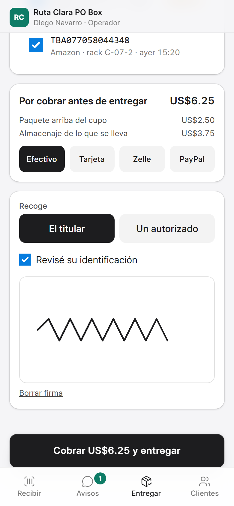 Entrega con cobro: US$6.25 pendientes, medio de pago, identificación revisada y firma antes de entregar