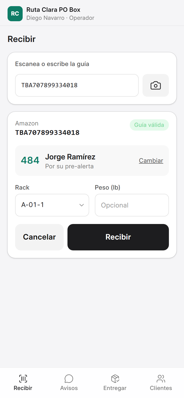 Pantalla de mostrador: guía escaneada y asignada al PO Box 484 por su pre-alerta