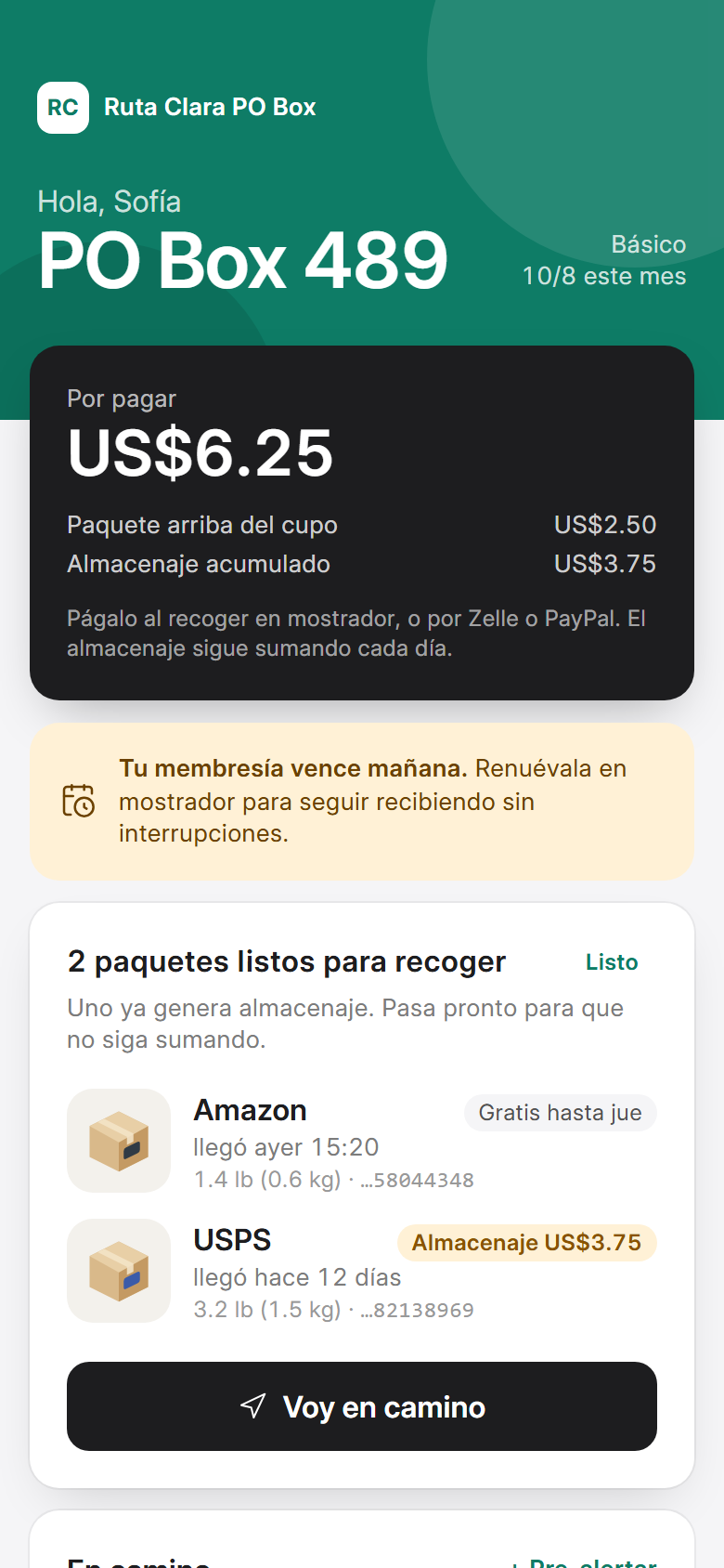 Portal del cliente: PO Box 489 con US$6.25 por pagar entre paquete arriba del cupo y almacenaje acumulado