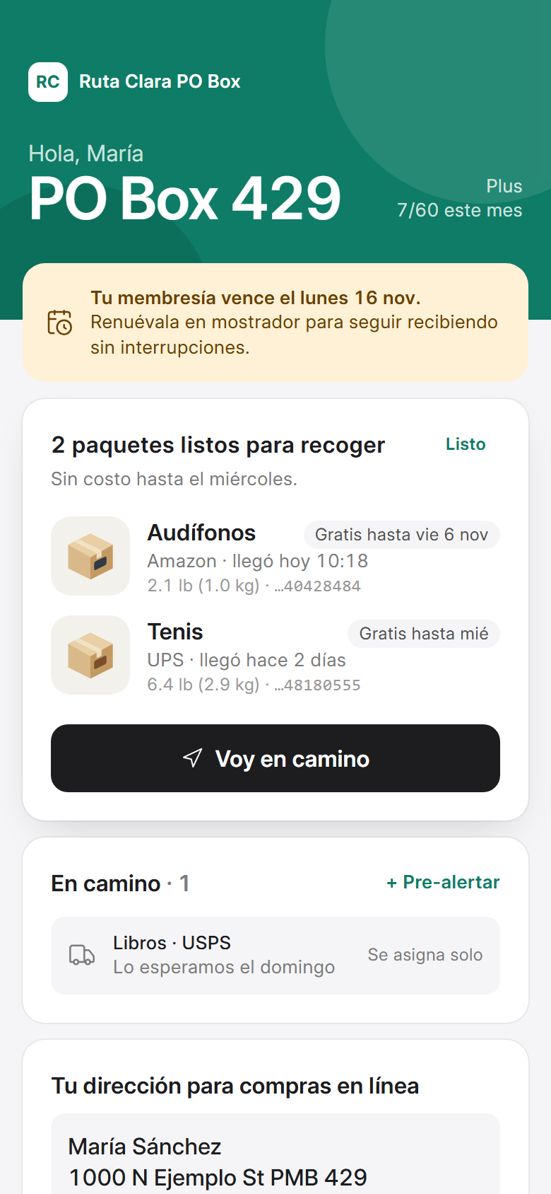 Portal del cliente: PO Box 429 con dos paquetes listos, días sin costo y un paquete en camino